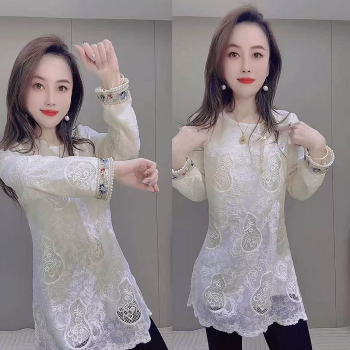 ZXG280葫芦蕾丝新中式圆领中长款蕾丝衫打底衫绣花提花上衣
