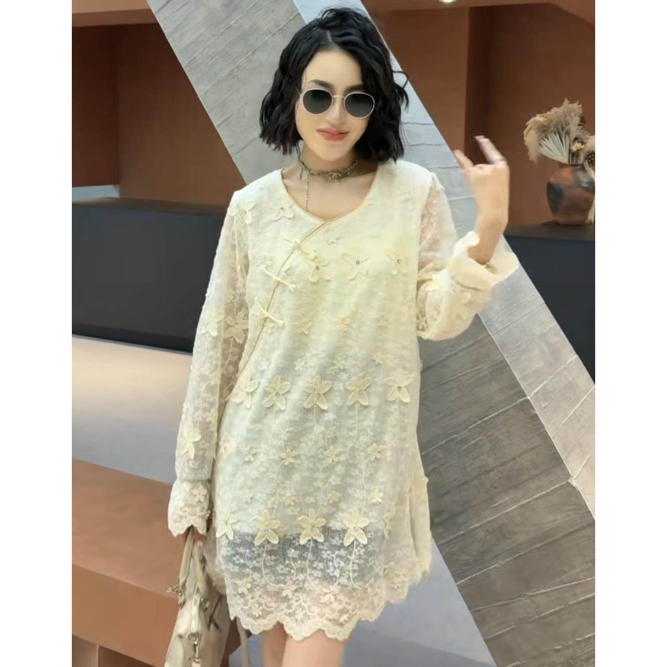 MLF265宽松型长袖蕾丝蕾丝衫雪纺衫打底镂空新中式绣花