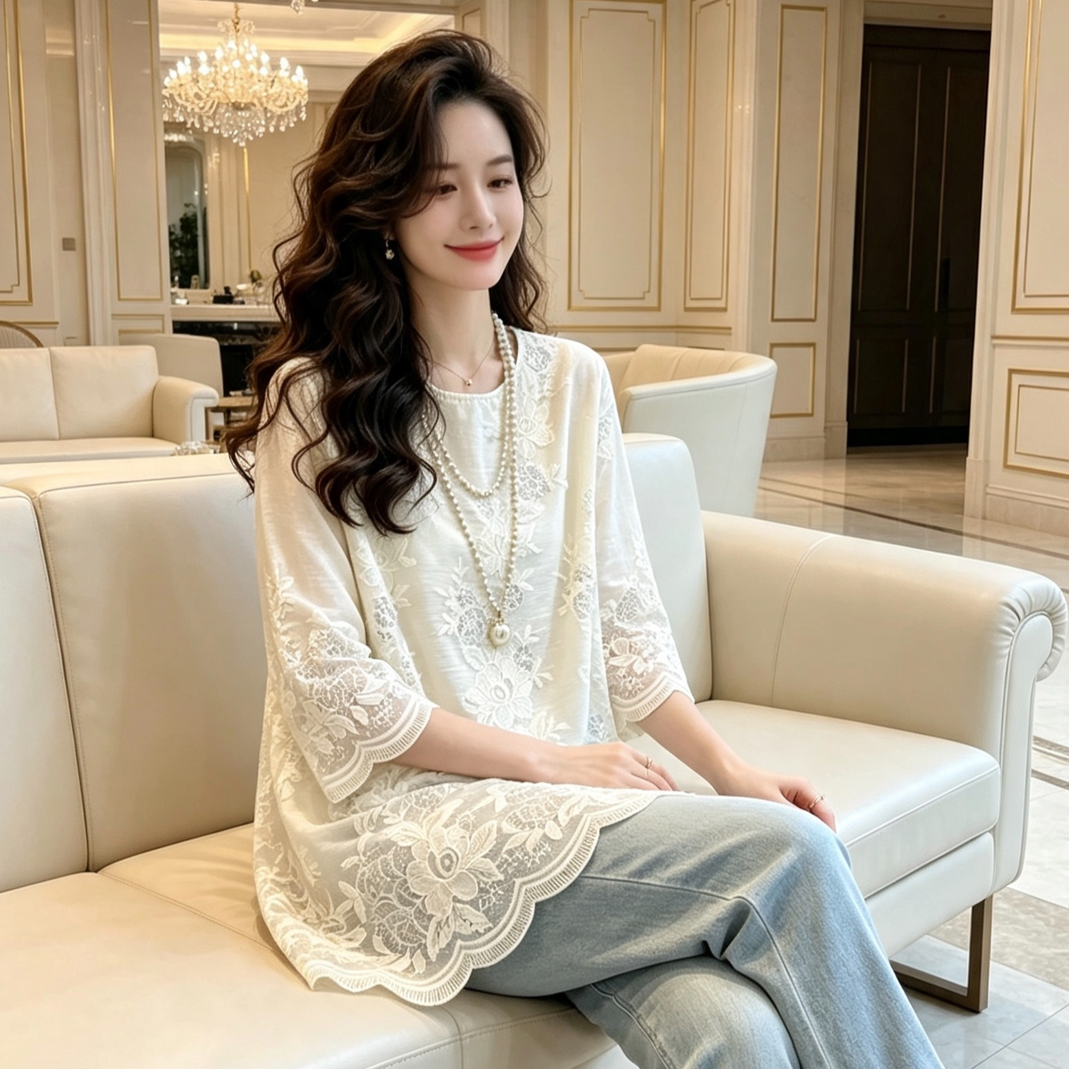 LT02女士25105蕾丝小衫春夏新款9分袖打底衫