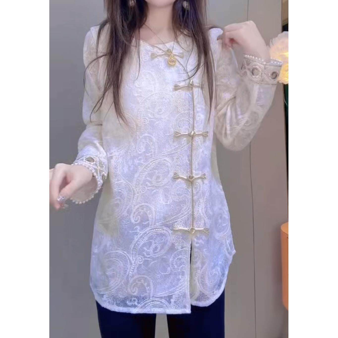 ZXG2582经典学院风长袖中长款蕾丝衫复古时尚提花衬衫打底衫