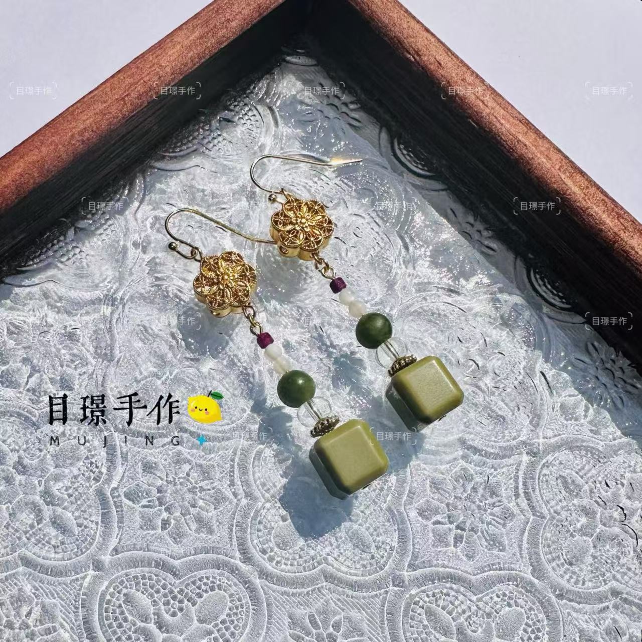 【漠语】原创阿拉善红宝石天然石中式耳饰S925银汉服配饰可换耳夹