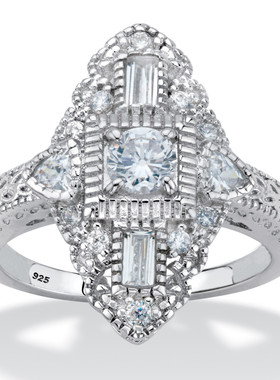 立方氧化锆(苏联钻)925银镀铂金欧美镂空鱼雷形戒指美国代购63347