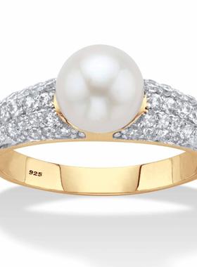 淡水珍珠/立方氧化锆/925银镀14k黄金欧美女式戒指美国代购64121