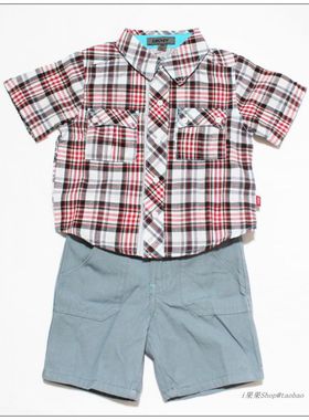 美国进口DKNY/唐可娜儿彩格短袖单排扣双口袋衬衫灰色短裤2件套装