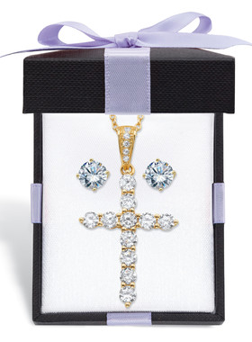 立方氧化锆耳钉/十字架吊坠项链三件925银镀14k黄金美国代购62482