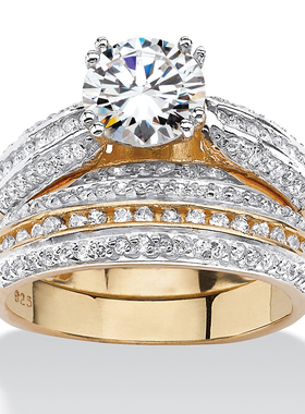 立方氧化锆(苏联钻)925银镀18k黄金结婚2件套装戒指美国代购49671