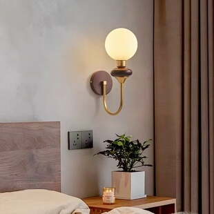 中古壁灯奶油风卧室床头灯复古胡桃木玻璃客厅背景墙走廊过道墙灯