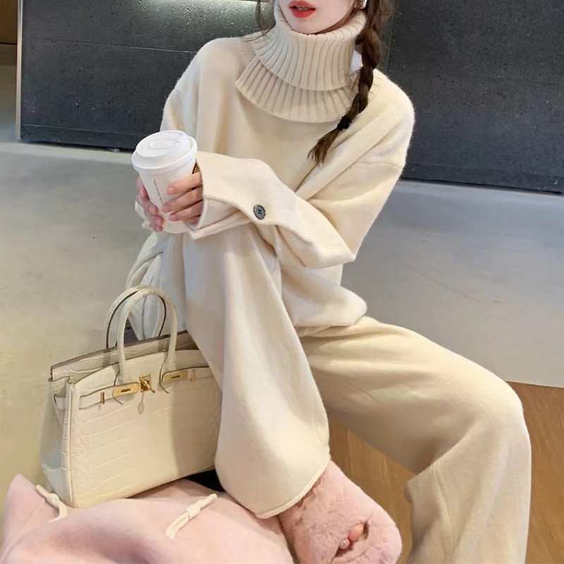 秋冬新款韩版时尚针织两件套女宽松显瘦可拆卸高领毛衣裤子套装潮