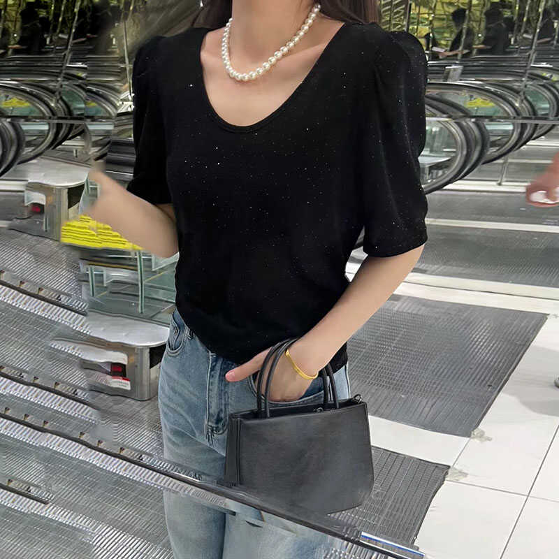 黑色亮晶晶烫钻U领T恤女百搭上衣