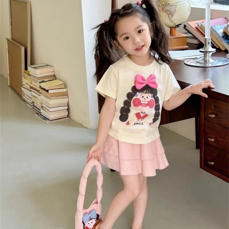 女童韩版立体蝴蝶结短袖T恤2024夏季新款女宝宝洋气卡通纯棉上衣