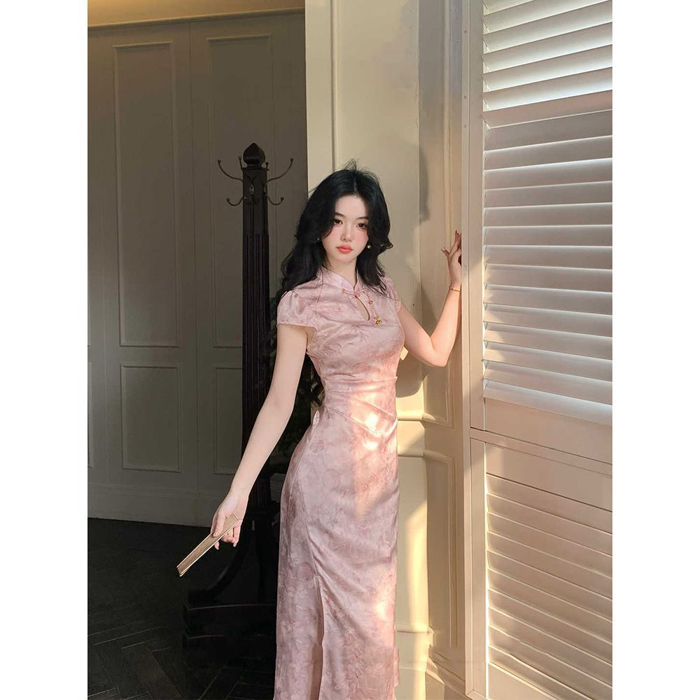 新中式国风改良旗袍连衣裙女2025新款修身显瘦立领粉色百搭长