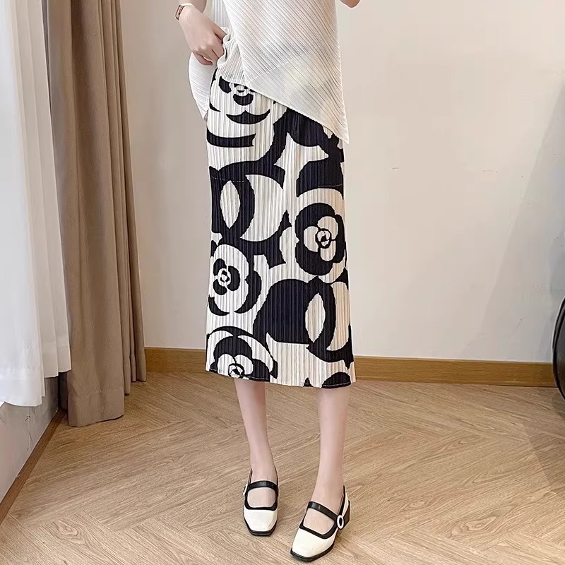 日本直邮三宅邮褶皱裙子水墨画印花半身裙中长款女花色春夏气质