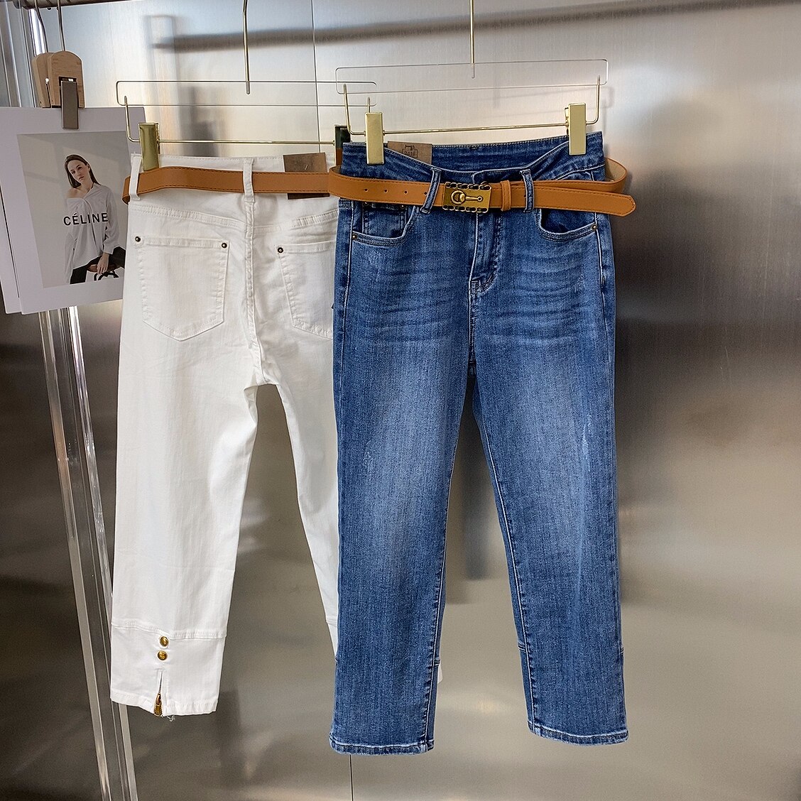 古月22夏季新高腰显瘦牛仔裤大码时尚百搭水洗九分烟筒裤90327