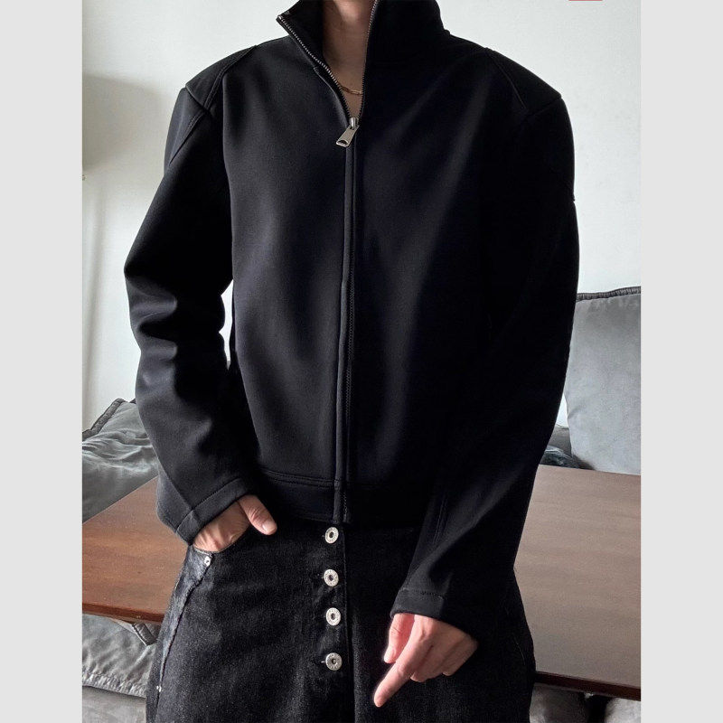 MY新款正肩美式纯色机车拉链卫衣短款外套立领开衫百搭男士连帽衫