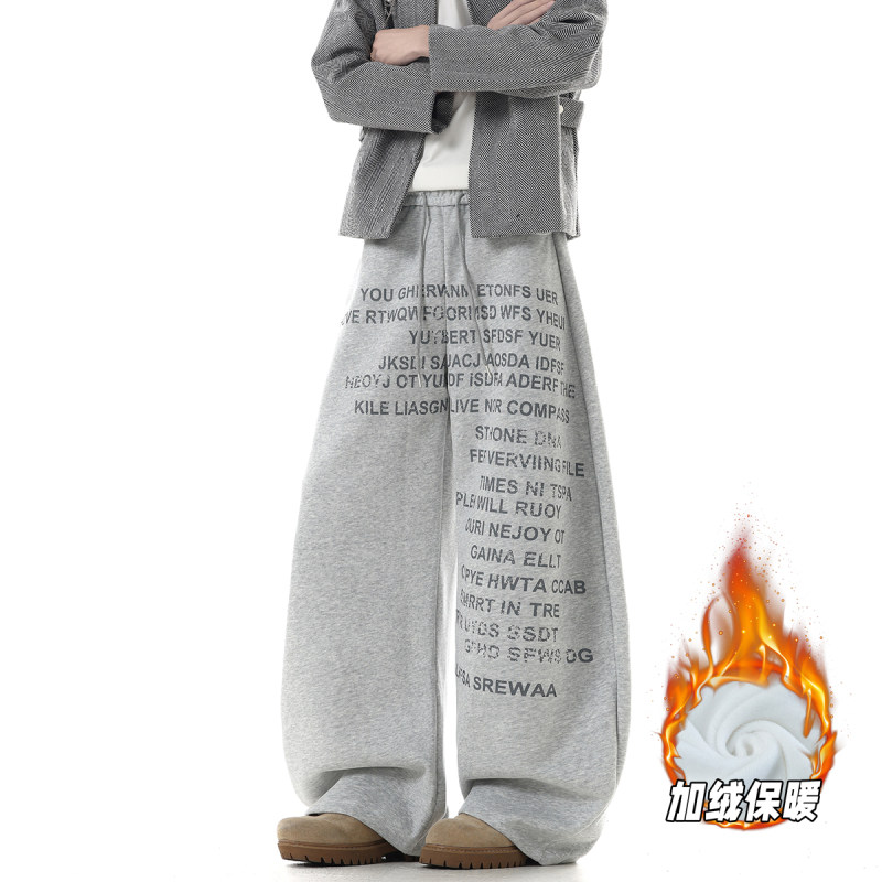 冬季美式印花阔腿弯刀休闲保暖裤