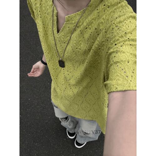 老钱风镂空网孔V领夏季男T恤半袖