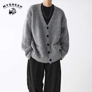 MY秋冬高街复古竖纹V领潮流休闲毛衣针织衫韩版个性宽松开衫上衣