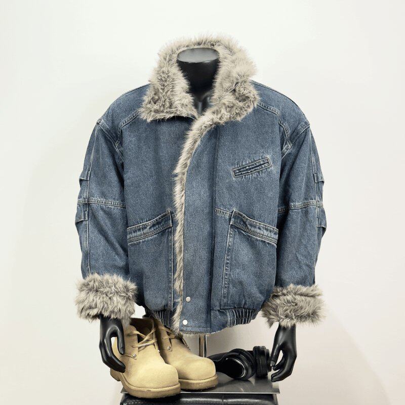 复古毛绒拼接水洗牛仔棉服厚外套