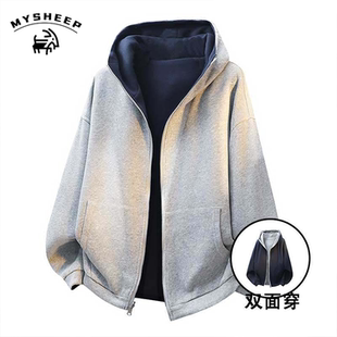 MY春季美式复古重磅连帽廓形双面穿拉链外套高领设计百搭简约卫衣