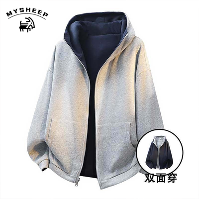 美式宽松双面穿简约连帽男女卫衣