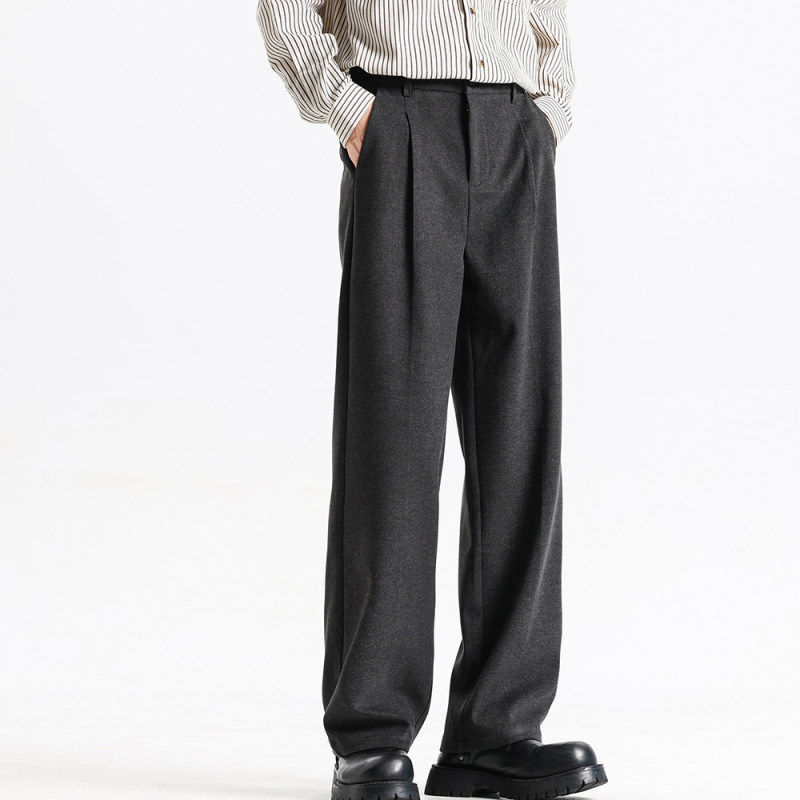 MY秋冬宽松百搭男士西裤醋酸羊毛呢加绒直筒裤半松紧腰笔挺长裤子