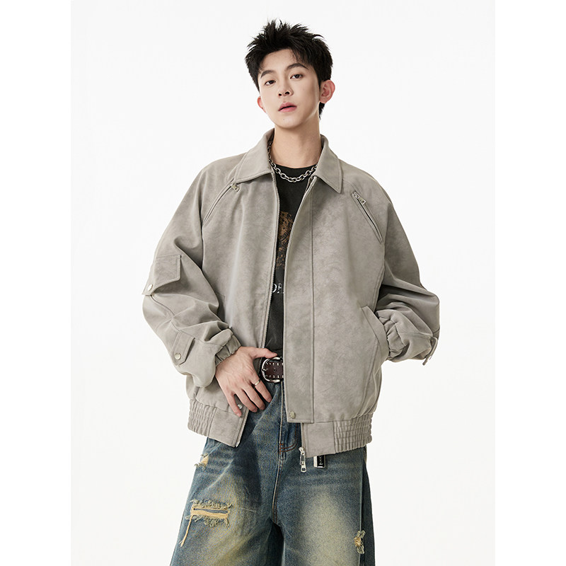 MY春季2026年新款扎染美式夹克宽松高级感简约潮流百搭皮衣男外套