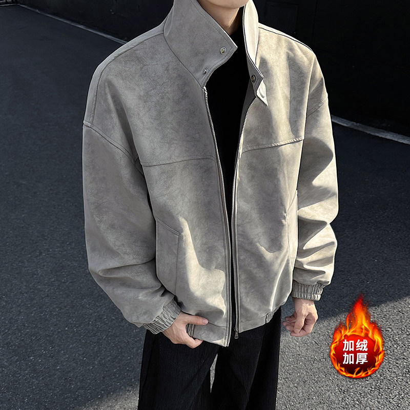 冬季美式复古扎染皮衣外套厚棉服