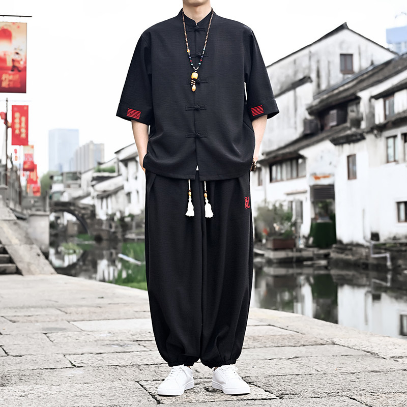 MY夏季新款中国风盘扣亚麻套装男女情侣国风潮衬衫刺绣长裤两件套