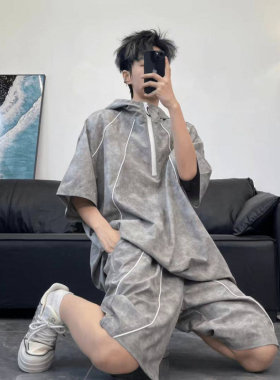 肌理感连帽男撞色两件套短袖套装