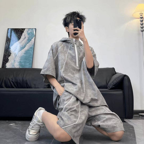 肌理感连帽男撞色两件套短袖套装