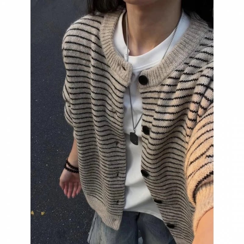 MY新款秋季潮流男老钱风复古条纹拼色圆领针织开衫羊驼绒休闲毛衣