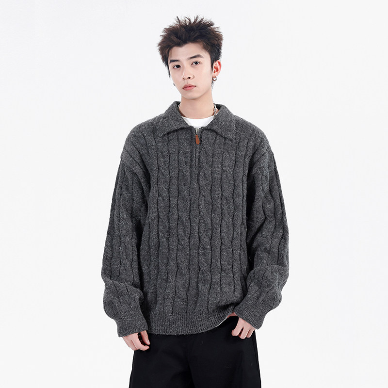 MY秋冬季新款复古麻花纹半拉链毛衣外套男女美式老钱风内搭针织衫