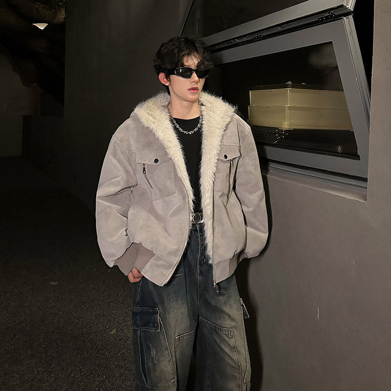 冬季美式加绒大毛领座山雕厚棉服