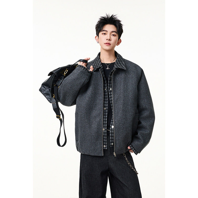 美式复古格纹拼接翻领棉衣厚外套