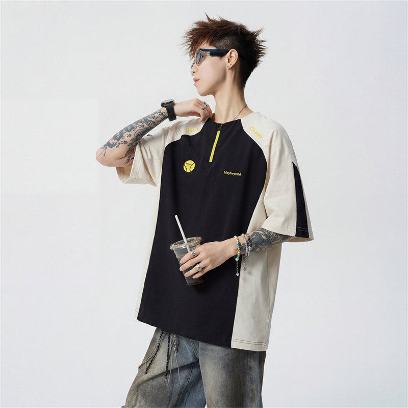 MY夏季户外运动风半拉链拼色短袖T恤撞色拼接设计感速干透气上衣