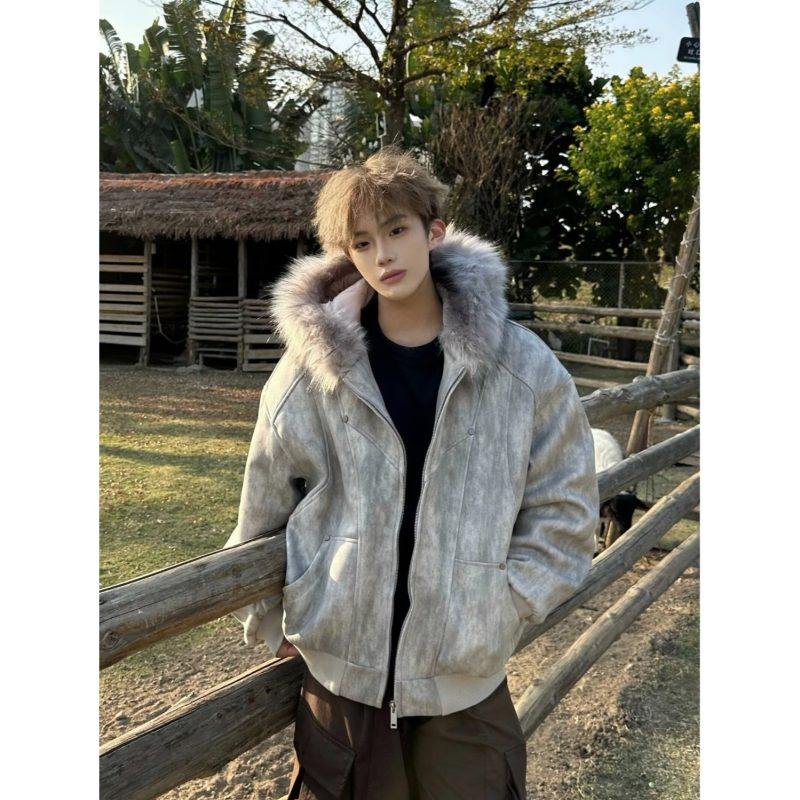 冬季座山雕毛领连帽棉服男厚外套