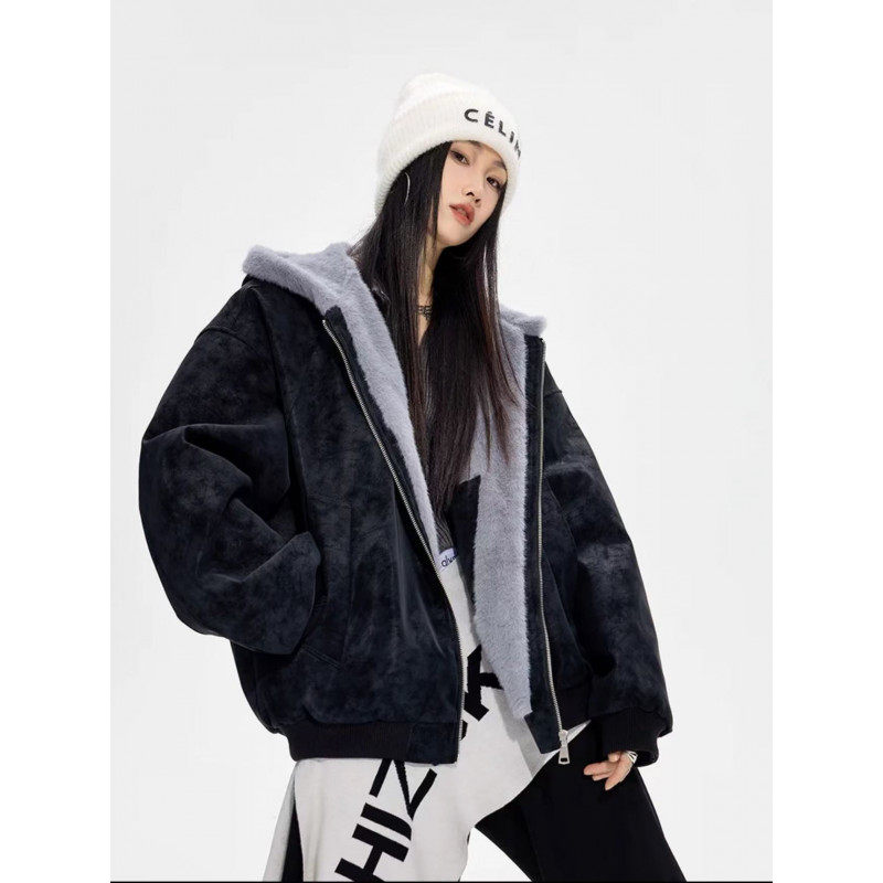 MY秋冬新款美式座山雕复古连帽毛领棉服男女加绒保暖夹克厚外套