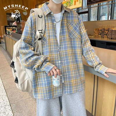 春季美式复古黄蓝格长袖衬衫外套