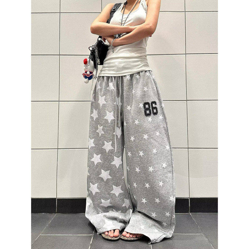 MY美式复古星星满印松紧腰卫裤男女百搭休闲慵懒感阔腿裤抽绳长裤