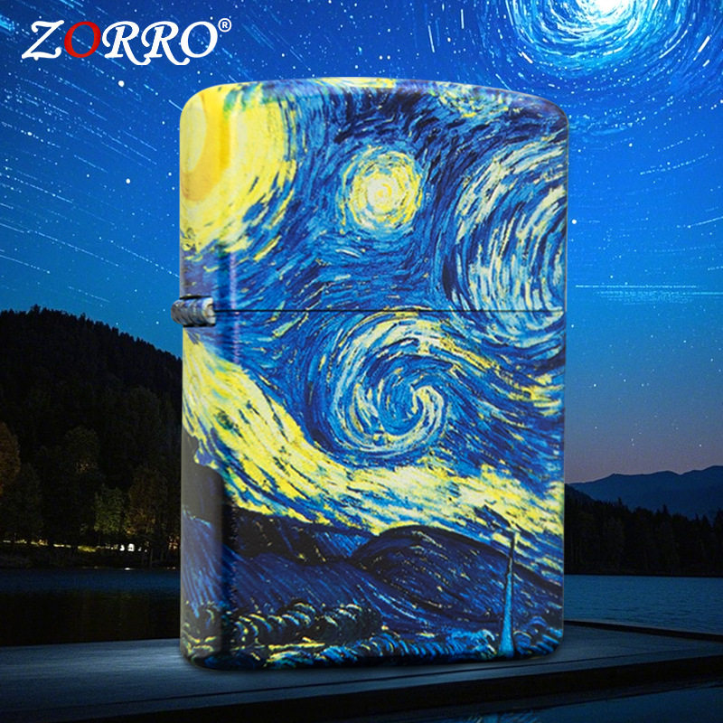 ZORRO佐罗梵高星空煤油打火机黄铜翻盖防风砂轮复古个性创意摆摊