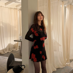 长袖 复古印花斜裁桑蚕丝短裙2026新款 连衣裙 真丝顺纡绉 雪绿