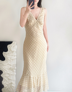 女夏漂亮无袖 波点V领桑蚕丝连衣裙子新款 裙 双层真丝 雪绿