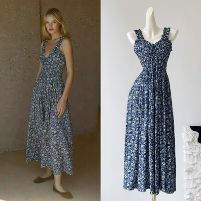 雪绿【棉质】DO*法式复古碎花U领抽绳度假风裙子收腰显瘦连衣裙