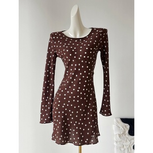 雪绿【真丝建宏绉】设计感棕色波点桑蚕丝喇叭袖连衣裙斜裁裙子