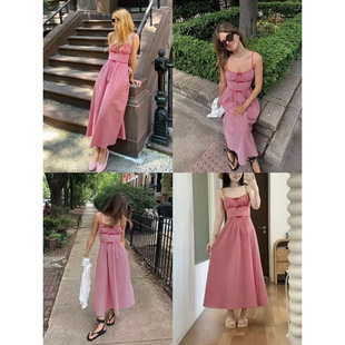 法式 雪绿 复古红格纹吊带连衣裙独特设计好看裙子 泡泡纱