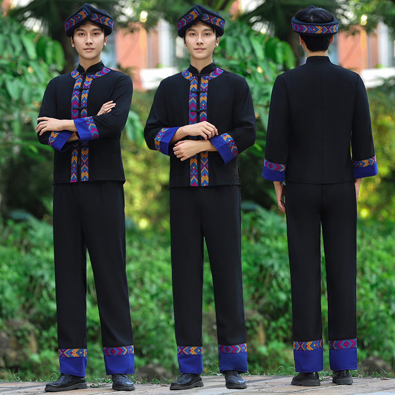 新款广西黑色壮族服装男生传统民族服饰瑶族民族服舞蹈舞台表演服