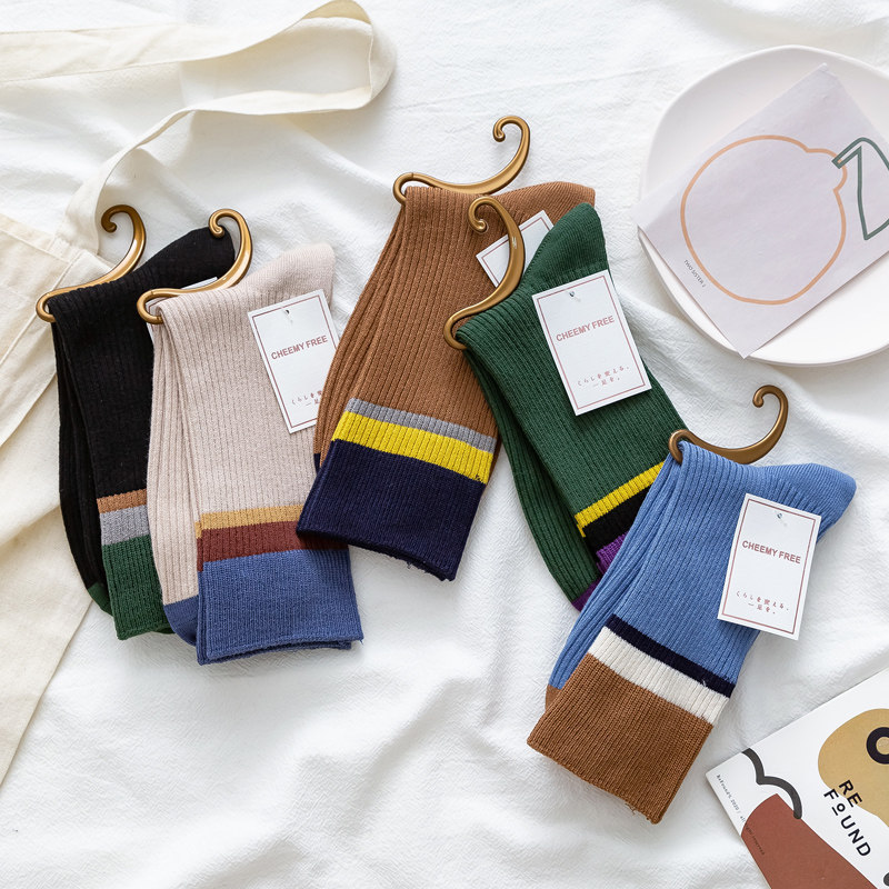 拼色纯棉小腿袜cheemy free秋冬高筒袜子女堆堆袜日系学院风棉袜