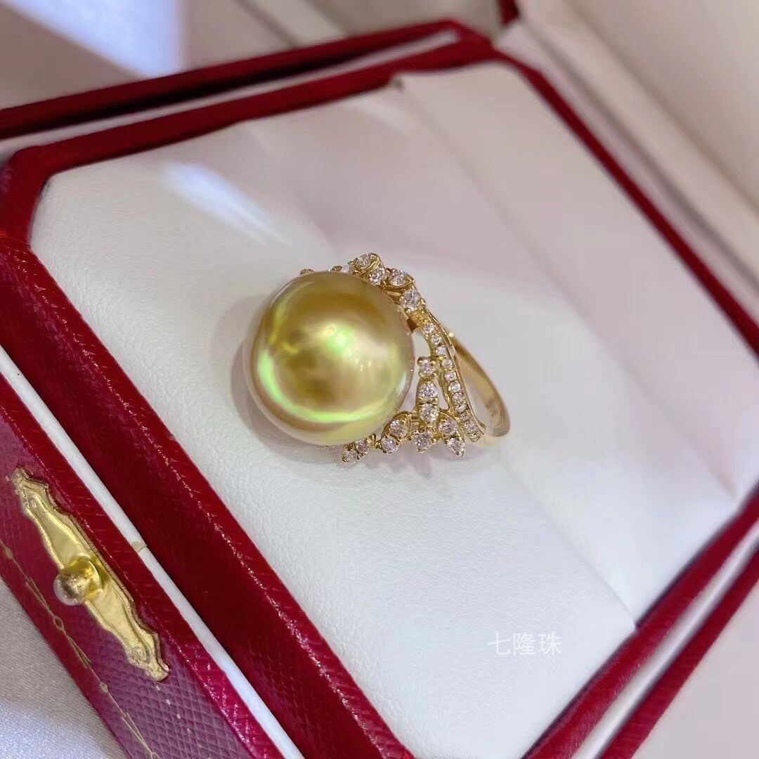 『七隆珠』浓金系18K金钻石经典款南洋金珠戒指13-14MM