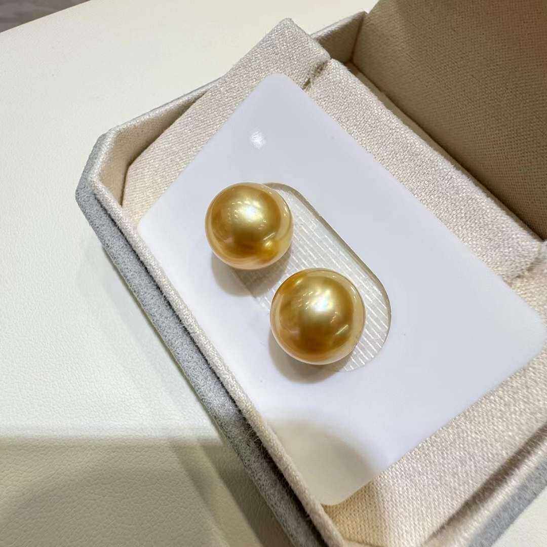 18K天然浓金色南洋金珠耳钉海水金珠裸珠对珠