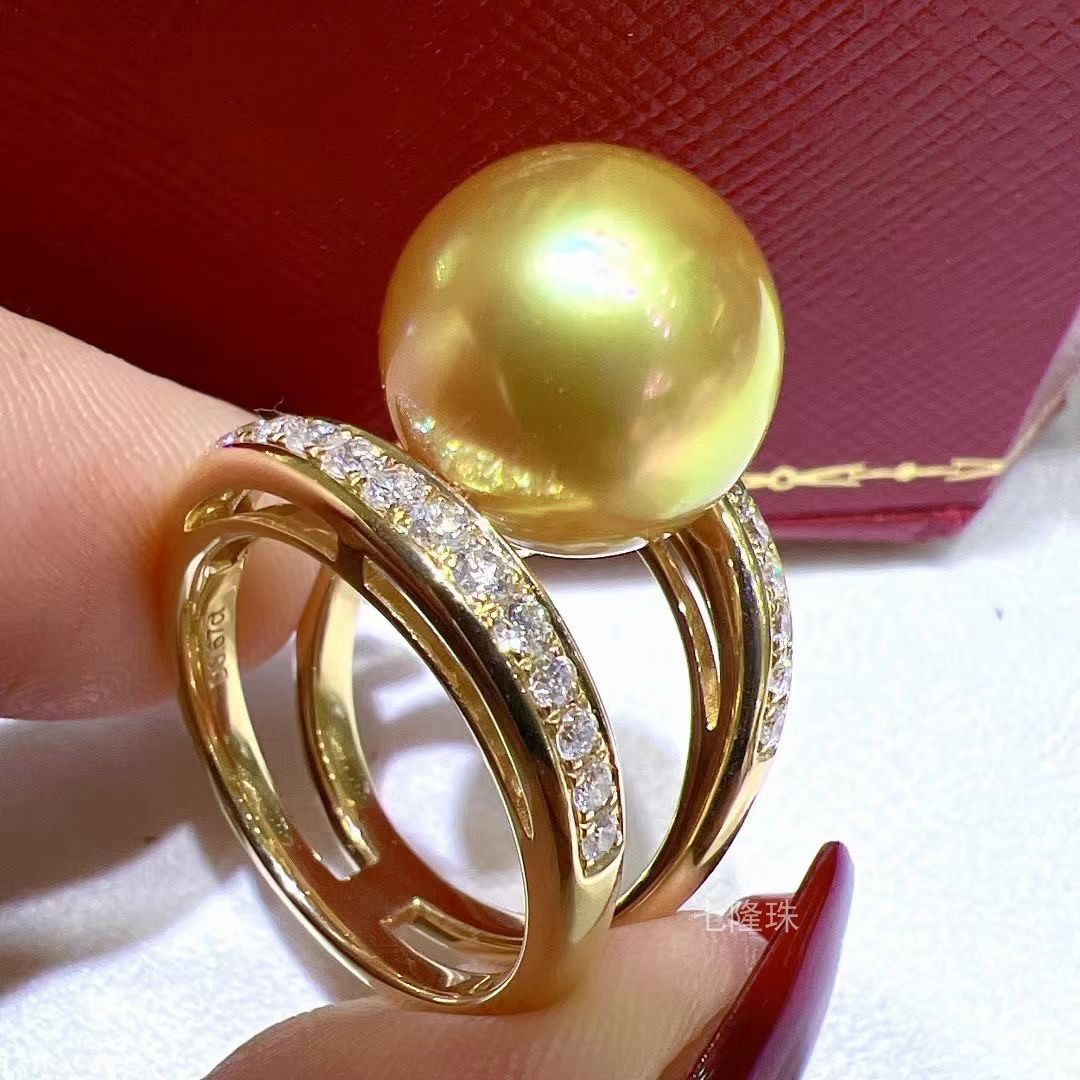 『七隆珠』天然浓金色18K金钻石经典款南洋金珠戒指12-13MM